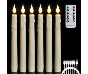FREEPOWER 6PCS Rechargeable LED Flameless Taper Candles with Remote Timer,Battery Operated Flickering Realistic Window Candles with 3D Wick for Home Wedding Christmas Decor,0.78 X 8.26 Inch(Ivory)