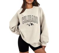 FREEPPCC Colorado Letter Print Mountain pattern Crew Neck Velvet Sweatshirt for Women (Beige,S)