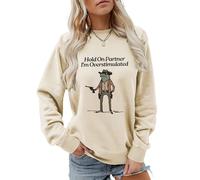 FREEPPCC Hold on Partner I’m Overstimulated Letter Print Crew Neck Sweatshirt for Women (Beige,XL)
