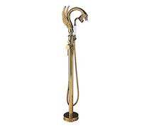 Freesding Bathtub Faucet with Handheld Shower and 360° Swivel Spout, Floor Mount Swan Shape Tub Filler Faucet Single Handle Brass Tub Faucet Set with Shower Diverter,gold A