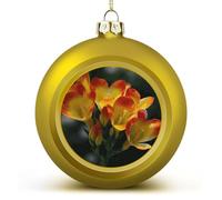 Freesia Beautiful Plant Flower Christmas Ball Shatterproof Christmas Hanging Ornaments Round Xmas Tree Balls Christmas Ornament for Xmas Tree Decor with Lanyard Red & Gold