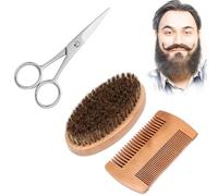 FreeSkill Boar Bristle Beard Brush & Comb Set - 3 Pcs Men's Grooming Kit with 100% Pure Boar Bristle Brush, Wooden Beard Comb & Mustache Scissors - Tame & Soften Facial Hair