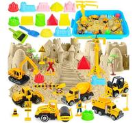 FreeSkill Play Sand for Kids - 2lbs Sensory Sand Construction Set with 6 Vehicles, 12 Castle Molds, Sands Moulds & Tools, Sandbox with Lid, Sensory Bin for Boys & Girls Age 3-7 Indoor & Outdoor Play