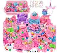 FreeSkill Sensory Bin - Unicorn Play Sand for Kids, Sand Art Kits with Sandbox, 13 Castle & Unicorn Molds, DIY Painting Set with Gem Stickers, Craft Kit Birthday Gift for Ages 3-8