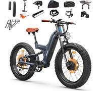 FREESKY Dual Motor Electric Bike for Adults, 48V 30Ah Battery 190KM Long Range AWD Mountain E-Bike, 26" Fat Tire Full Suspension Off-road Electric Bicycle, with Ultimate Kits