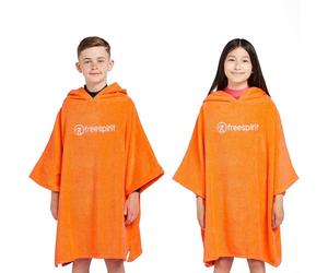 FREESPIRIT Kids' Cotton Aquarobe, Unisex Hooded Drying Robe, 430gsm Soft Towel Fabric, Long Length for Swimming and Beach Activities (UK, Age, 12 Years, 14 Years, Regular, Orange)