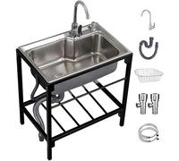 Freestanding 304 Stainless Steel Kitchen Sink with Stand & Tap, Heavy Duty Commercial Catering Utility Sink for Home Restaurant Garage Laundry Outdoor Use