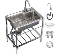 Freestanding 304 Stainless Steel Kitchen Sink with Stand & Tap, Heavy Duty Commercial Catering Utility Sink for Home Restaurant Garage Laundry Outdoor Use