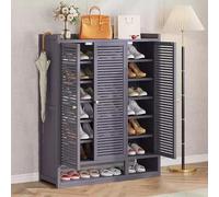 Freestanding 8-Tier Bamboo Shoe Sto Cabinet with 3 Doors - Space-Saving Wooden Shoe Rack for Entryway Hallway & Bedroom - Slish Gray Design (88×32×110cm)