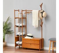Freestanding Bamboo Clothes Rack with Storage Shelves for Bedroom