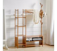 Freestanding Bamboo Clothes Rack with Storage Shelves for Bedroom