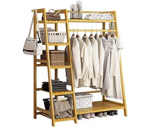 Freestanding Bamboo Clothes Rail Rack, Trapezoid Design Clothing Hanr with Hanging Rod, Open Wardrobe nizer for Bedroom & Hallway, Slish Garment Sto Solut