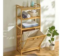 Freestanding Bamboo Storage Cabinet - Tilt-Out Laundry Hamper & Multi-Tier Shelf for Bathroom Laundry Room and Balcony - 40cm/16in L x 119cm/47in H