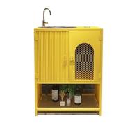 Freestanding Basin Bathroom Vanity Unit with Stainless Steel Sink, Industrial Style Storage Cabinet with Doors and Open Shelves, Commercial Metal undermount with Faucet and Drain(Yellow)
