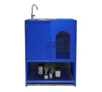 Freestanding Basin Bathroom Vanity Unit with Stainless Steel Sink, Industrial Style Storage Cabinet with Doors and Open Shelves, Commercial Metal undermount with Faucet and Drain(Blue)
