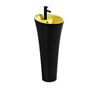 Freestanding Basin One Piece Pedestal Basin with Overflow, Floor Standing Bathroom Vanity with Faucet and Drain kit, Modern Ceramic Sink Art(Yellow)