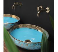 Rea Blau Bathroom Sink Made of Ceramic Blue/Gold-pattern-REA-U8709, Blue, Margot Gold 52 x 40 cm