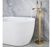 Freestanding Bath Tap Mixer Shower Floor Mounted Waterfall Bath Tap with Tub Spout and Handheld Shower,Brushed Gold