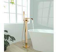 Freestanding Bathtub Faucet Brushed Gold Floor Mount Waterfall Tub Filler High Flow with Hand Shower Solid Brass 360 Degree Swivel Standing Mixer Taps for Bathroom