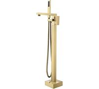 Freestanding Bathtub Faucet, Square Single Handle Waterfall Spout Tub Filler Brass Bathroom Faucets Floor Mounted Shower System with Handheld Shower and Shower Hose Set,Brushed
