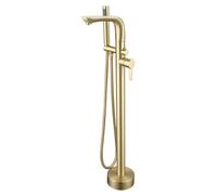 Freestanding Bathtub Faucet with Swivel Tub Spout Floor Mount Filler Brass Large Flow Single Handle Mounted with Hand Shower, Hose,Chrome(Brushed Gold)