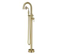 Freestanding Bathtub Tap Floor Mounted, Golden Bathroom Mixer Tap, Thermostatic Bath Tap, Handheld Shower Head, 2 Water Outlets