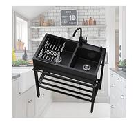 Freestanding Black Kitchen Sink 304 Stainless Steel Single Bowl with Adjustable Hot & Cold Faucet Perfect for Workshop Restaurant Outdoor and Garden Use