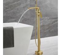 Freestanding Brushed Gold Bath Tap with Shower Waterfall Faucet for Hot & Cold Water Single Handle Floor Standing Bathroom Sink Mixer
