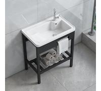 Freestanding Ceramic Laundry Sink with Washboard, Faucet, and Drain Kit for Balcony and Garden Use