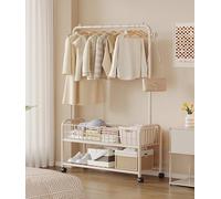 Freestanding Clothes Rail with Wheels and Double Rails Garment Rack with 2 Tier Lower Shelf for Bedroom Cream White (60x30x165cm)