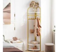 Freestanding Coat Rack Stand with Shoe Bench and Storage Shelves, Tall Hall Tree with 6 Hooks, 4-Tier Metal Clothes Hanger Organizer for Entryway