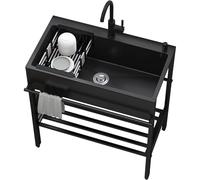 Freestanding Commercial Single Bowl Kitchen Sink,Utility Stainless Steel Sink with Drain With Hot and Cold Faucet Portable Laundry,For Balcony,Outdoor,Restaurant,Garden,Black