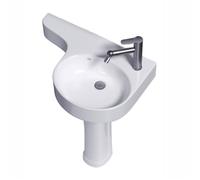 Freestanding Corner Bathroom Pedestal Sink for Small Spaces, Ceramic Floor Standing with Overflow and Faucet and Drain, White Basin with countertop Modern(Right)