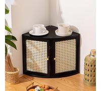 Freestanding Countertop Storage Cabinet, 4-Tier Bamboo Breadbox Organizer with Wicker Doors, Corner Design for Kitchens and Living Rooms, Black