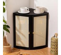 Freestanding Countertop Storage Cabinet, 4-Tier Bamboo Breadbox Organizer with Wicker Doors, Corner Design for Kitchens and Living Rooms, Black