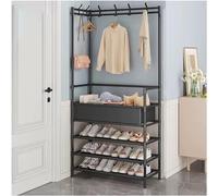 Freestanding Entryway Coat Rack with 6 Hooks & 3-Tier Shoe Storage Stylish Black Garment with Basket for Bedroom & Hallway Space-Saving Design (80cm)