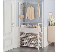 Freestanding Entryway Coat Rack with 6 Hooks & 3-Tier Shoe Storage Versatile Garment with Basket for Bedroom & Hallway - White 80cm