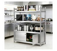 Freestanding Four-tier Workstation With Stainless Steel Shelving On Three Sides And A Double-door Storage Cabinet. Easy To Install With Adjustable Metal Legs And A Sturdy Triangular Frame