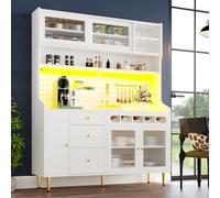 Freestanding Highboard with LED Lighting & Pull-Out Wine Rack, Tall Storage Cabinet with Sliding Glass Doors, 145L x 39W x 171H cm, White Aosom UK