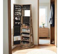 Freestanding Jewellery Organiser, Jewellery Cabinet with Full-Length Mirror, 360° Swivel, Rustic Brown