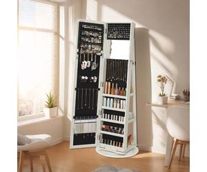 Freestanding Jewellery Organiser, Jewellery Cabinet with Full-Length Mirror, 360?? Swivel, White with Greyish Wood Grain