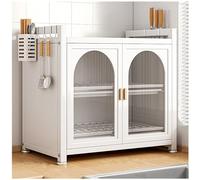 Freestanding Kitchen Organizer with Drainboard - Utility Cupboard Dish Drying Rack, Pantry Sideboard with Glass Doors and Shelves for Efficient Storage