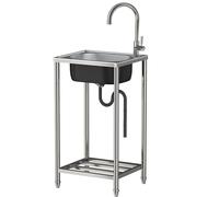 Freestanding Kitchen Sink Single Bowl with Stand Stainless Steel Catering Utility Sinks Mobile Outdoor Wash Basin for Commercial Garage Backyard Use with Hot and Cold Water Faucets