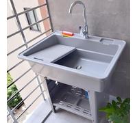 Freestanding Laundry Sink with Washboard, Plastic Basin with Drain Kit, Hot and Cold Faucet for Utility Room and Garage Cleaning