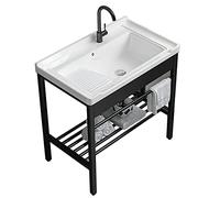 Freestanding Laundry Utility Sink, 28.3" x 19" x 32.3" Ceramic Utility Sink with Washboard Set with Bracket and Drain Kit for Laundry Room, Utility Room, Garage, Basement, Outdoor and Indoor