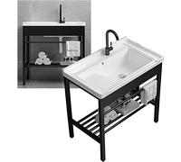 Freestanding Laundry Utility Sink with Washboard Set, Ceramic Wash Basin with Drain Kit and Stainless Steel Metal Legs Stand - Black Storage Shelf Included