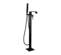 Freestanding Matte Black Waterfall Bathtub Faucet - Floor Mount Tub Filler with Handheld Spray Single Handle Swivel Curved Spout for Modern Bathrooms