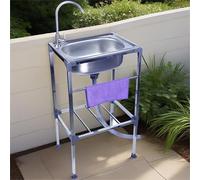 Freestanding Outdoor Sink 48x35x83cm Stainless Steel Commercial Kitchen Single Bowl Portable Camping Sink Multifunctional Mobile Garden Washbasin with hot and Cold Water Faucet