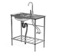 Freestanding Outdoor Sink with Hose Hook Up Stainless Steel Single Bowl Utility Sink Set with Hot Cold Faucet, Storage Shelf,Portable Commercial Utility for Kitchen, Garage, Backyard Stainless Steel
