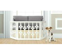 Freestanding Pet Gate for Dogs - Wooden Folding Decorative Fence for Doorways, Halls, Stairs Barrier- Step Over Divider (White Floral)